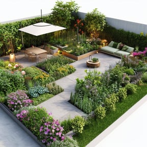 An image of a beautifully designed garden with different zones such as an eating area, relaxation zone, and vegetable garden